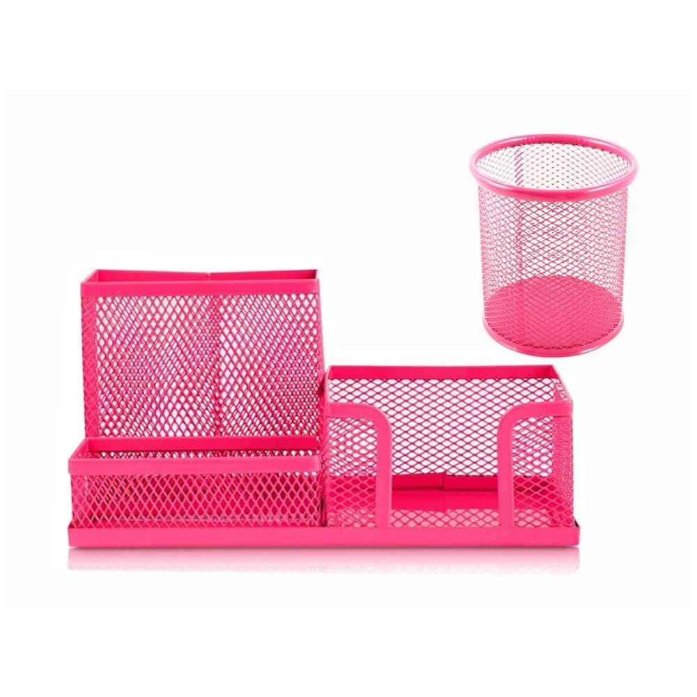 Kit Porta Caneta Lápis de Metal Aramado Organizador Escritório Mesa Rosa Pink 4 divisão