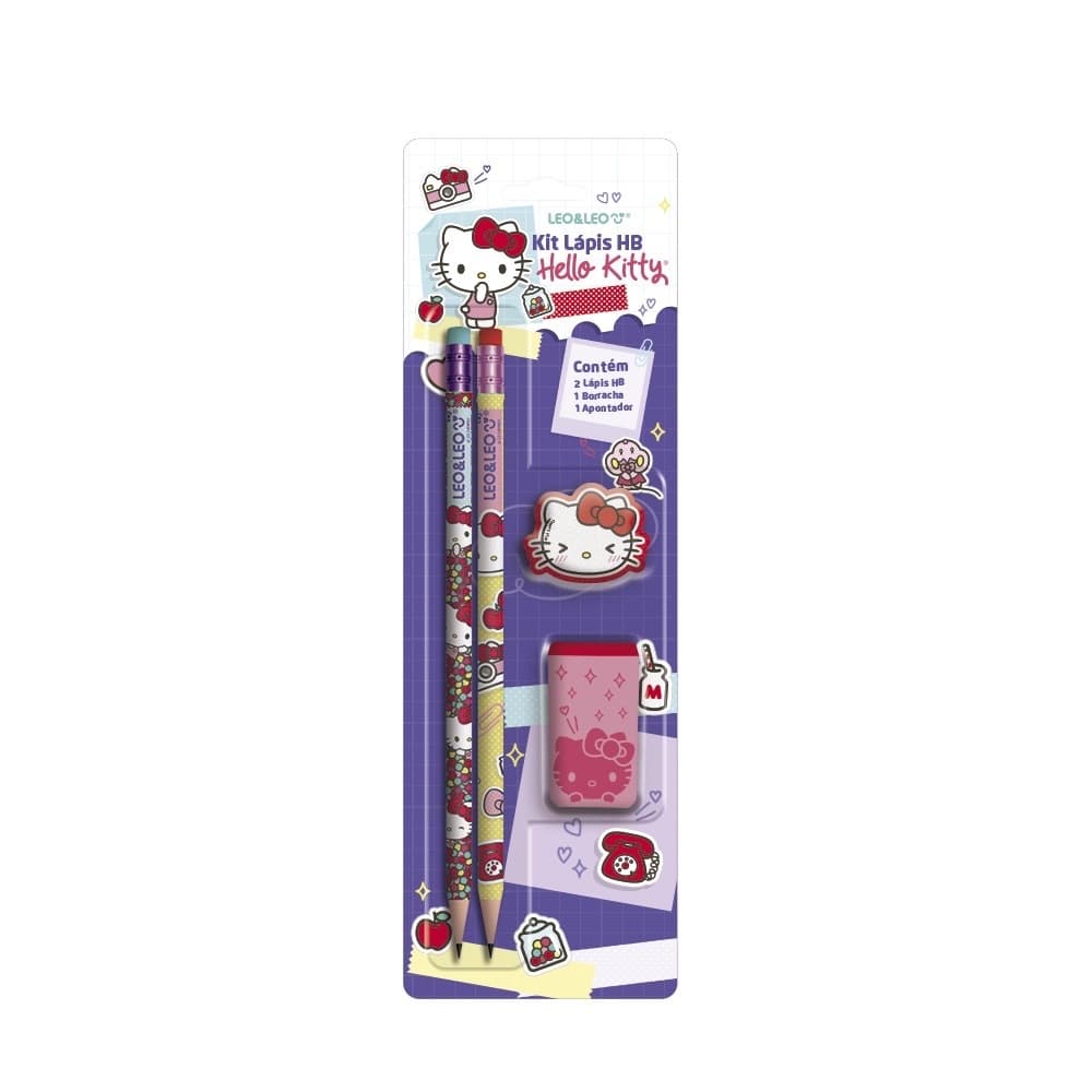Kit escolar Lápis HB Hello Kitty Apontador e Borracha LEO&LEO Papelaria material escolar