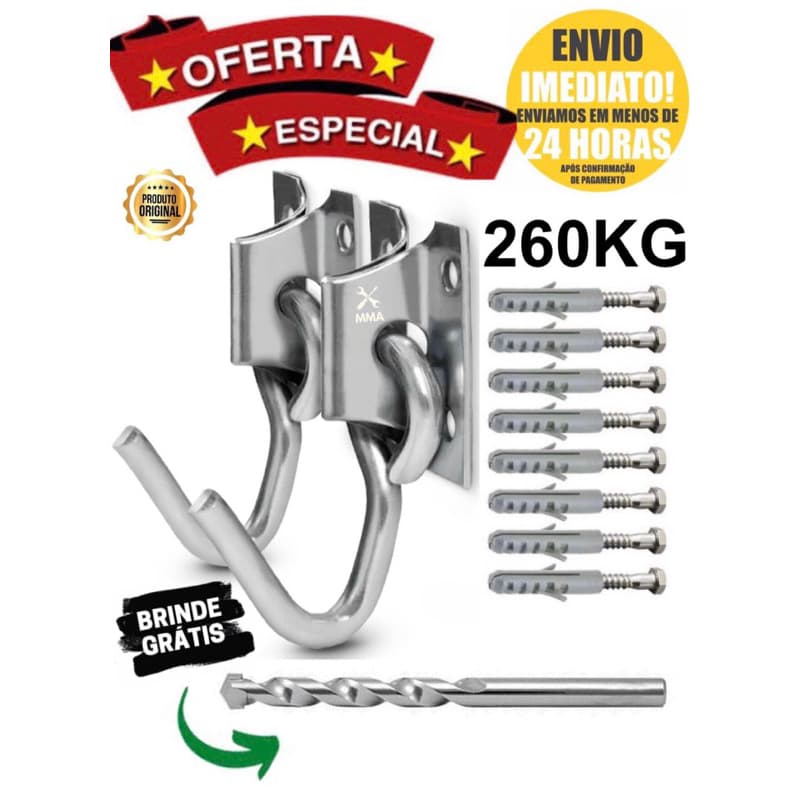 Gancho de Rede Suporta 260Kg Reforçado, Acabamento 3/8 Acompanha Parafuso e Buchas