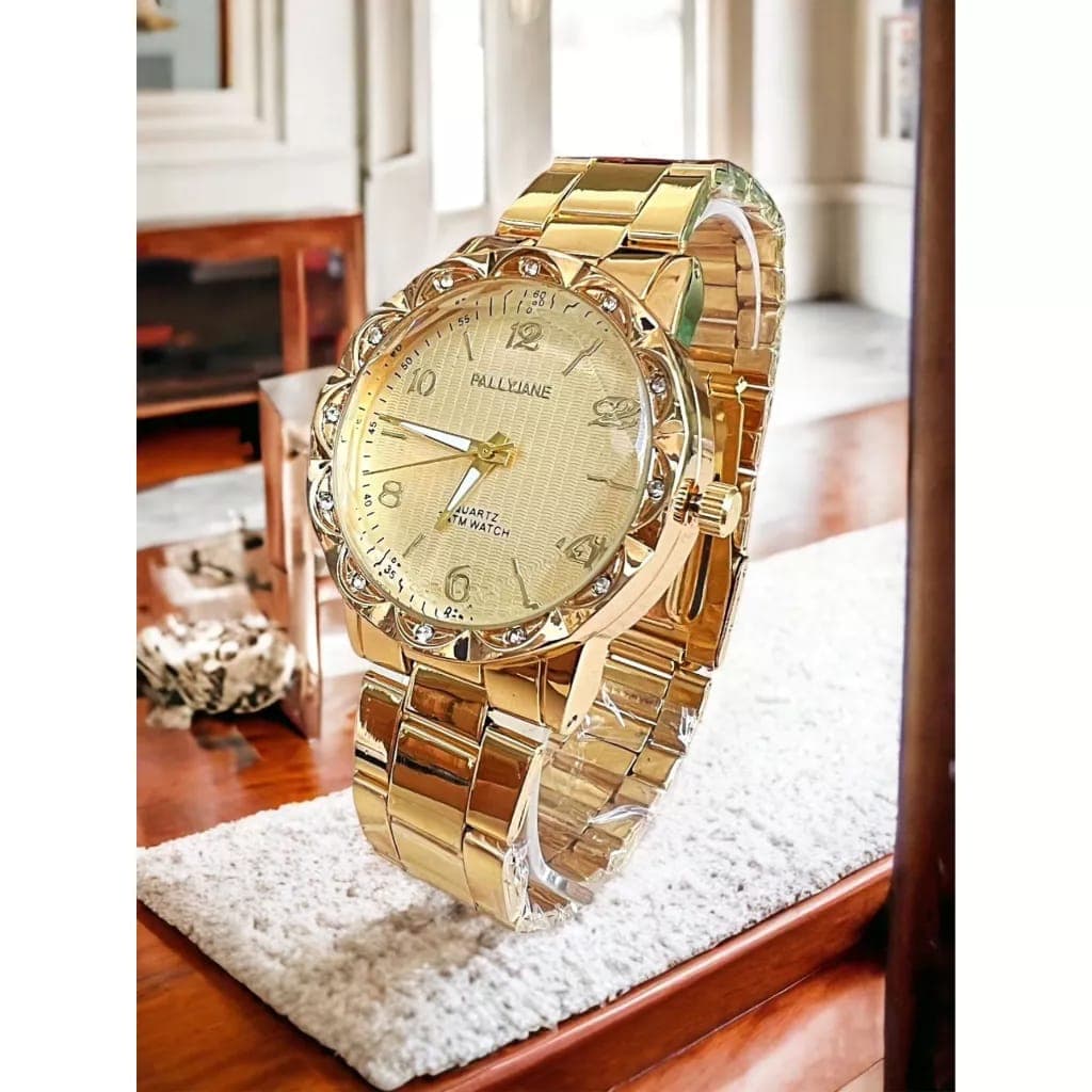Relógio Dourado Feminino Banhada a Ouro 18k Casual A Prova D'água de Quartzo em Aço Inoxidável Pallyjane Guke