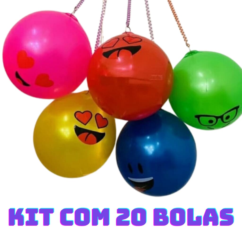 Kit com 20 Bolas de Vinil Borracha Poing Poing com Cordao Mola 23cm Brinquedo Bolas Infantis