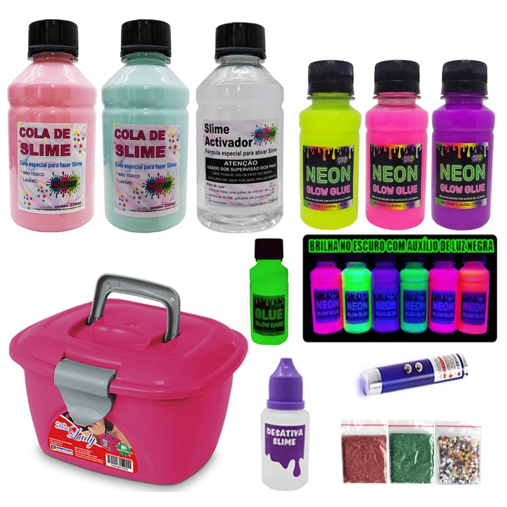 Kit Para Fazer Slimes Colas Neon + Maletinha Rosa Ine Slime