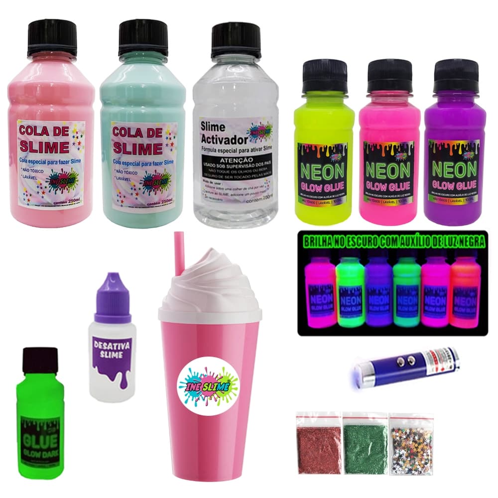 Kit Slime Especial Cola Clear E Colas Neon E Luz Negra - Ine slime