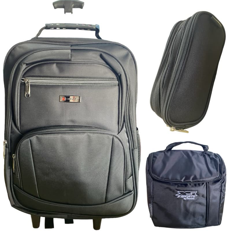 Kit de mochila básica escolar / adolescente PRETA lisa com rodinhas lisa reforçada - CHENSON