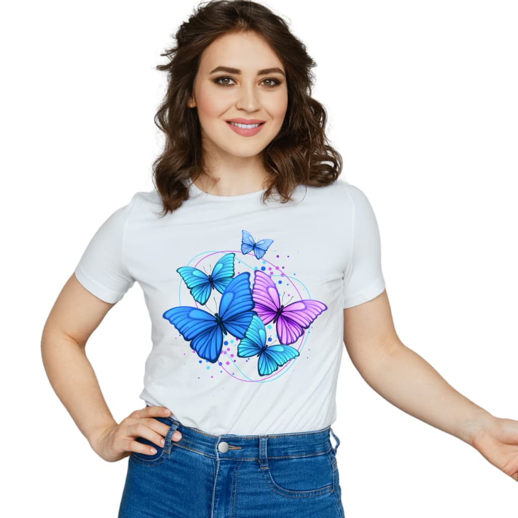 Camiseta Estampada Borboleta Azuis Tecido Leve e Confortavel - T-shirt Feminina Lançamento 2024