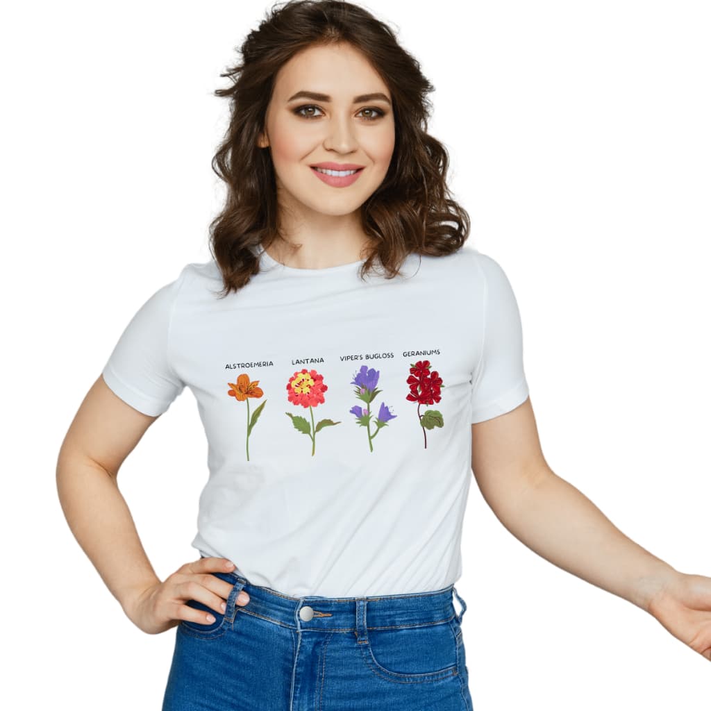 Camiseta Estampada FloresTecido Leve e Confortavel -Estilo Alado: T-shirt Estampada em Tecido Leve e Macio!