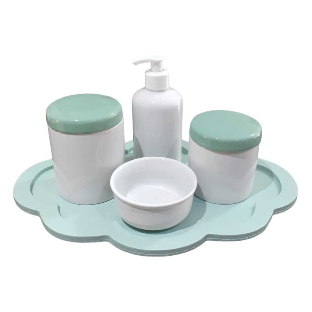 Kit Higiene Bebê porcelana potes tampa verde saboneteira liquida menino maternodade