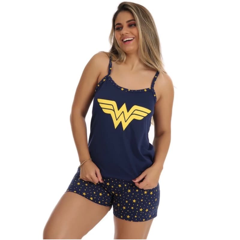 Baby Doll Verão Pijama Curto Estampado Alça Promoção Barato Oferta Mulher Maravilha Azul