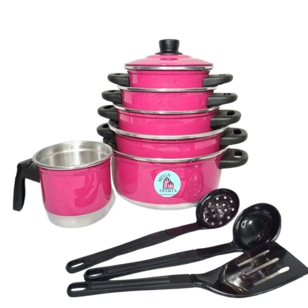 Jogo de Panelas Rosa  5 pçs + Fervedor de Leite de agua  N 12 + 3 Espátulas (jogo de panela, conjunto de panelas, Kit de panelas, jogo panela)