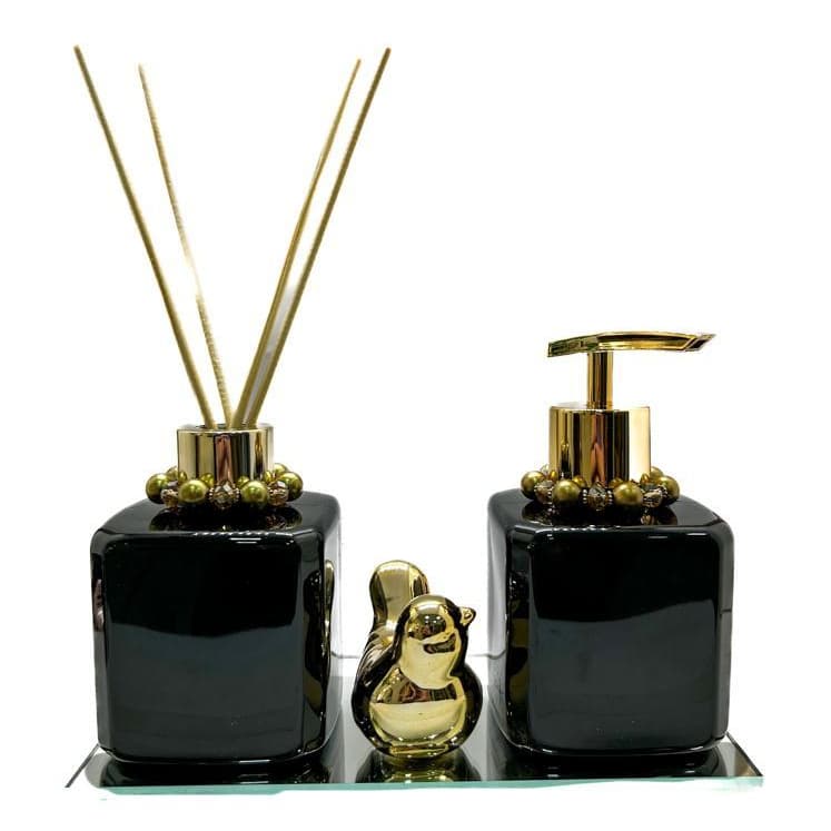 KIT LAVABO FRASCOS PET COM AROMATIZADOR, SABONETEIRA, PASSARINHO E BANDEJA