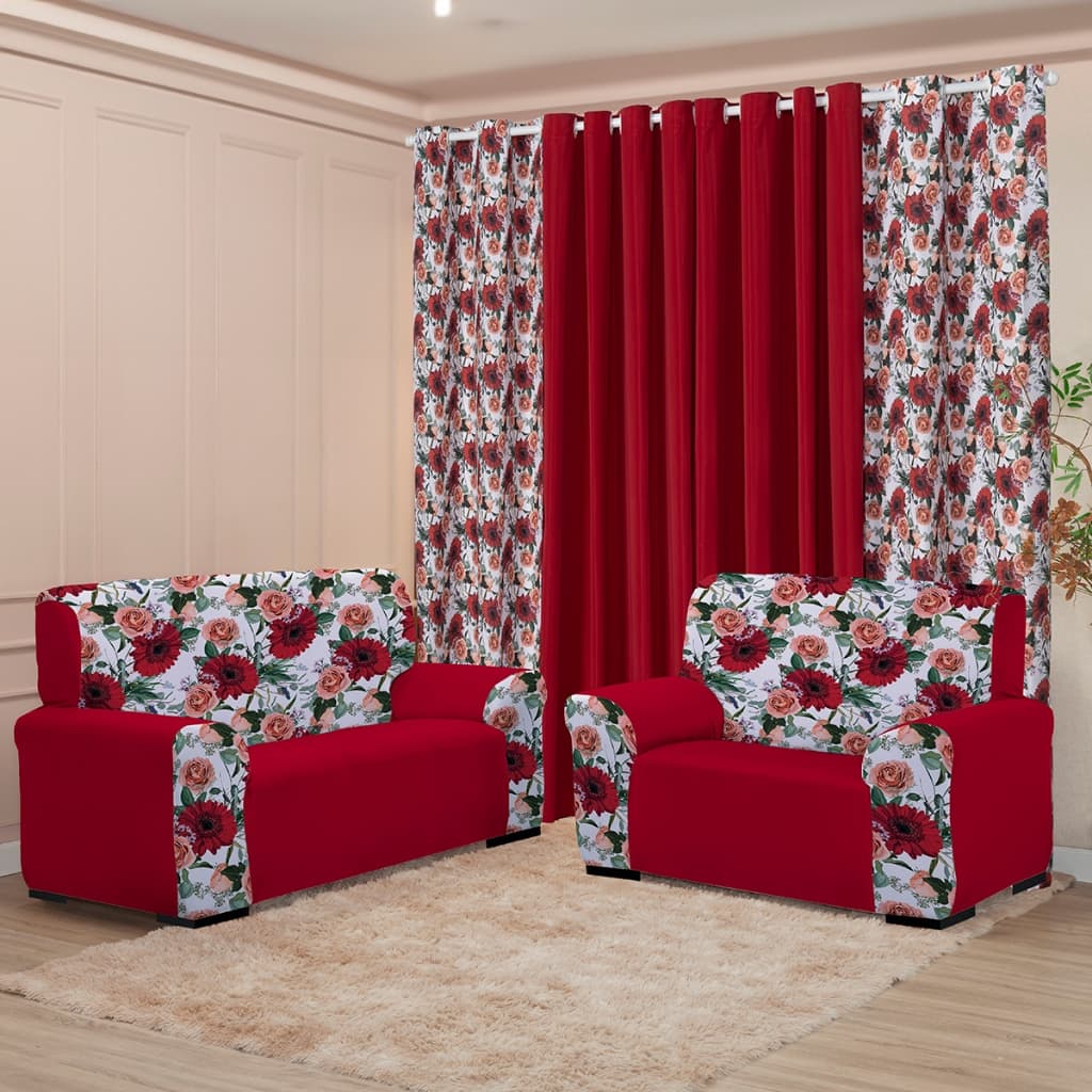 Kit Sala Cortina 3M + Capa para Sofá 2/3 Lugar Coladinha Mista - Decoração Moderna Estilo Conforto