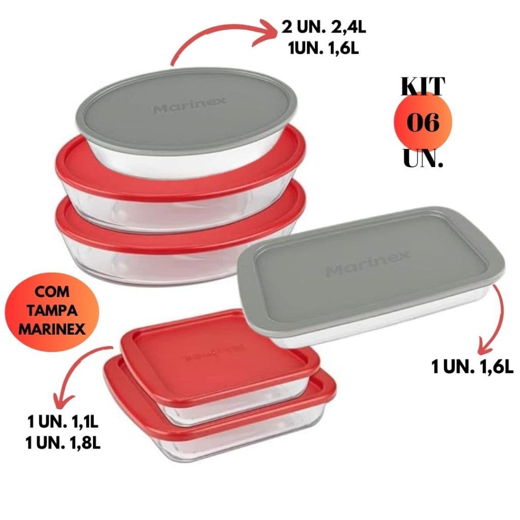 Kit Jogo 06 Assadeiras C/Tampa Marinex Vidro Duralex Resistente Forno Refratario Lasanheira Forma Travessa Sobremesa Almoço Jantar 02 Oval 2,4L+ 01 Oval 1,6L+ 01Retangular 1,6L+ 01Quadrada 1,8L+ 01Quad. 1,1L