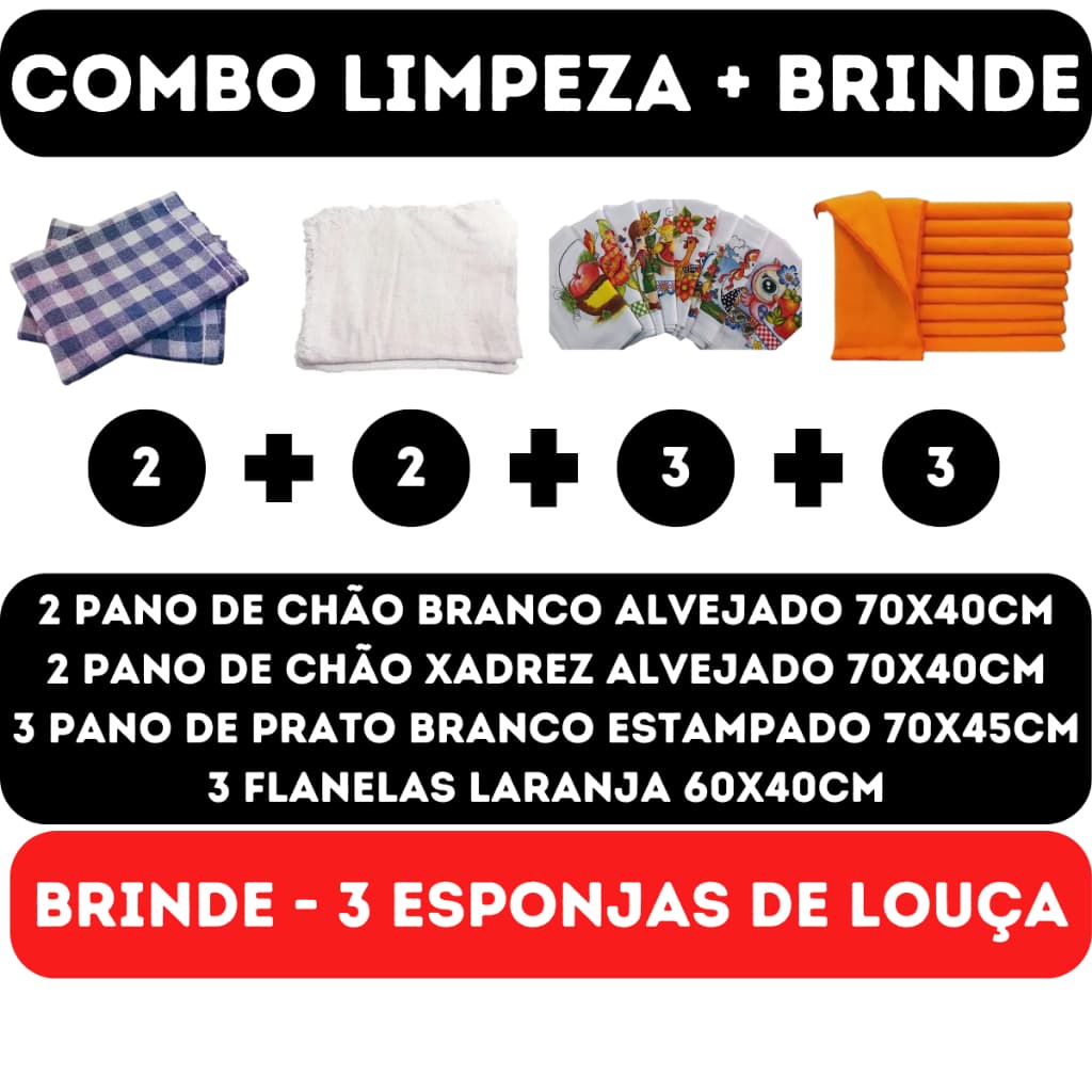 Kit Limpeza - 2 Panos de Chão Xadrez + 2 Panos de Chão Branco + 3 Panos de Prato + 3 Flanelas + 3 Esponjas