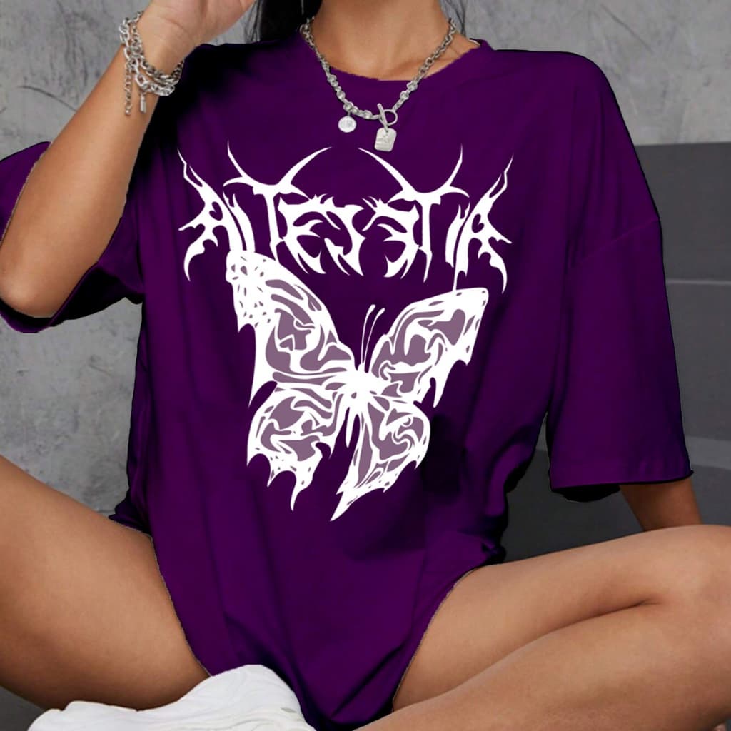 Camiseta Oversized Gola Redonda Tercido Leve Confortável Macio Estampada Borboleta Dark Blusa Estil