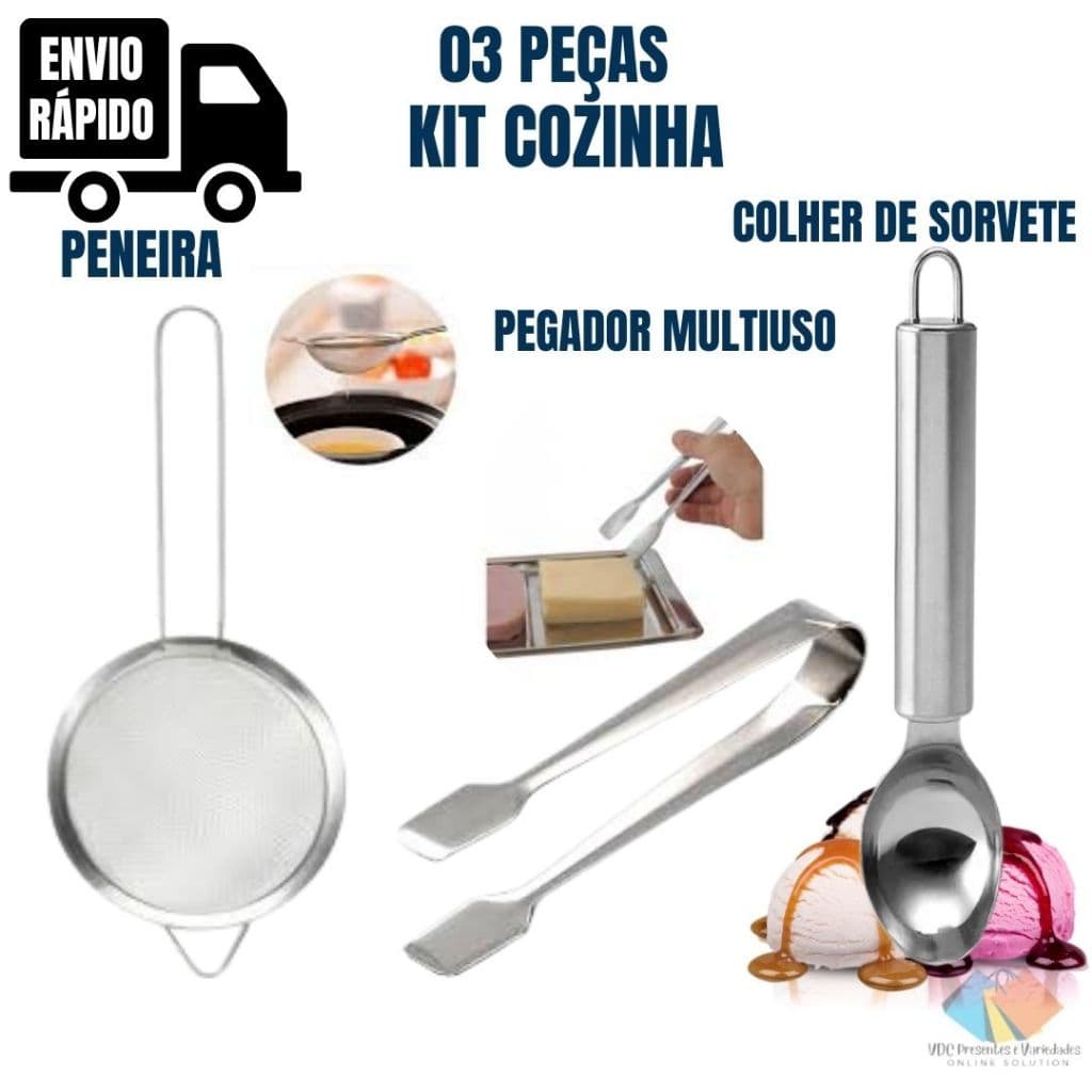 Kit Pegador Colher Sorvete Multiuso Frios Peneira Bebidas Chás
