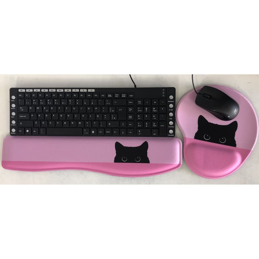 Kit Mouse Pad + Apoio de Teclado Gatinho escondido rosa