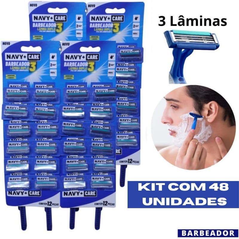Kit 48 Unidades Aparelho Barbear Com 3 Lâminas Cartela Barbeador Descartável