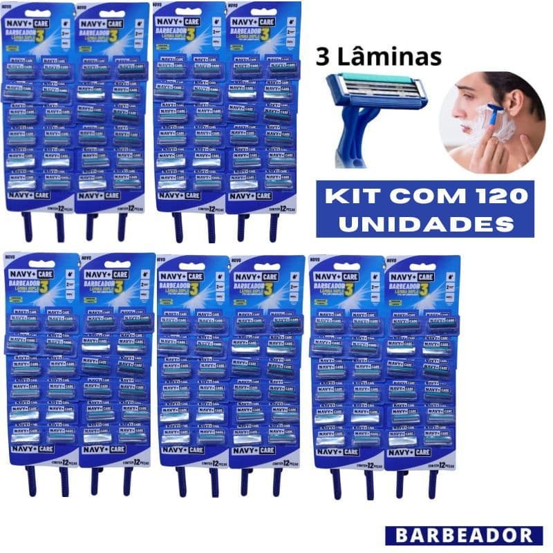 Kit 120 Unidades Aparelho Barbear Com 3 Lâminas Cartela Barbeador Descartável