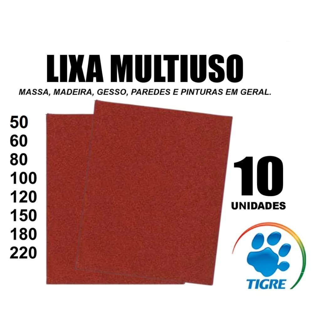 Kit 10 Lixas Multiuso Para Massa, Madeira, Parede, Gesso, MDF, PVC de 50, 60, 80, 100, 120, 150, 180 e 220