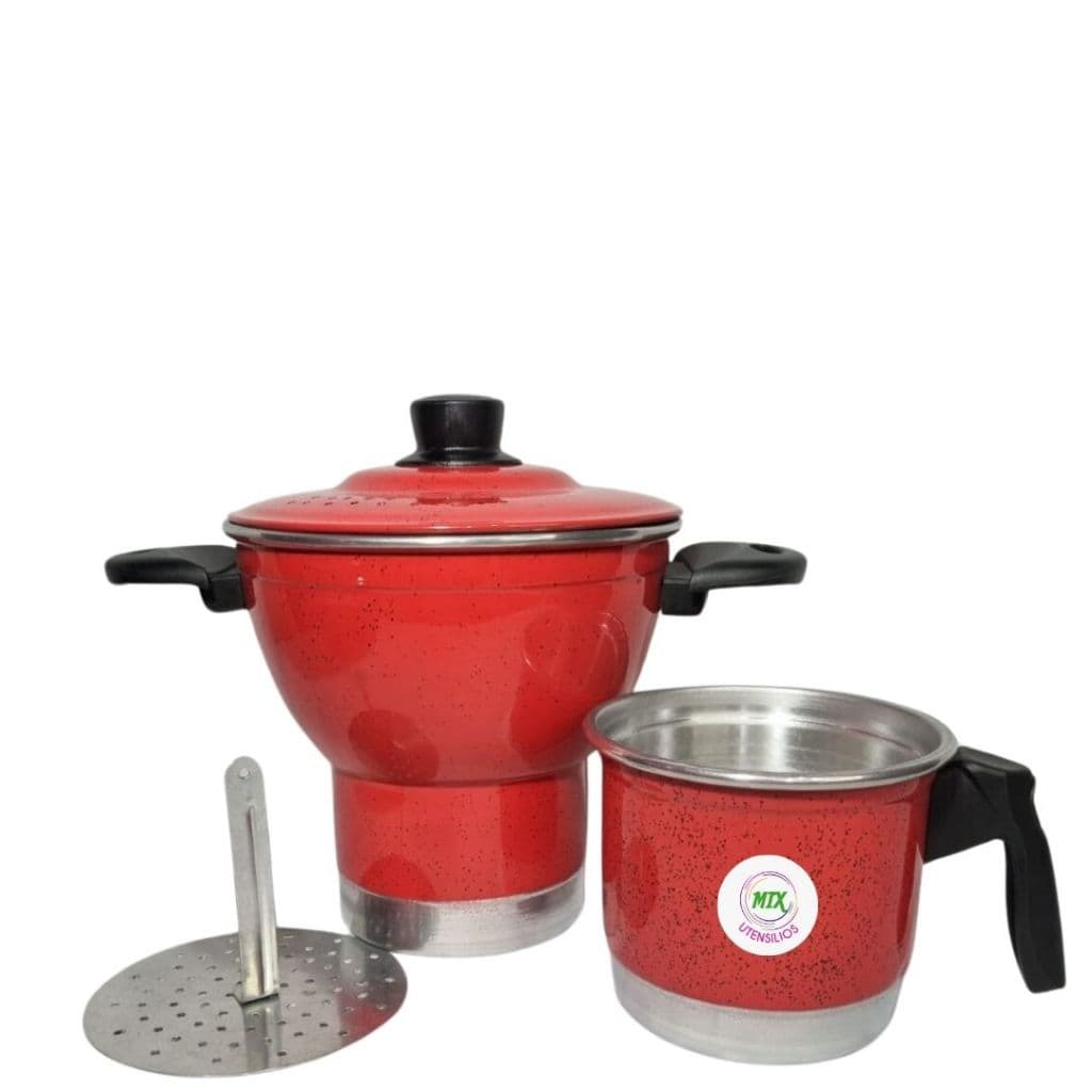 Cuscuzeira Nordestino 4 porções Aluminio Vermelho nº18 + Fervedor nº12 1 Litro.
