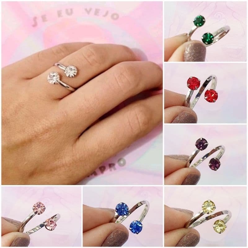 Anel dois strass em aço inox cirúrgico feminino brilho moda ponto de luz colorido