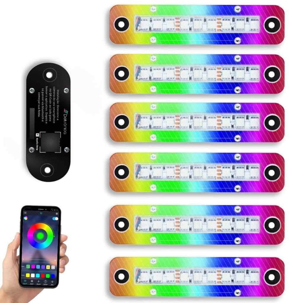 Kit Super Strobo LED Deltrônica Bluetooth RGB 6 Faróis 12V P Som Automotivo Carro Festa Tuning Flash