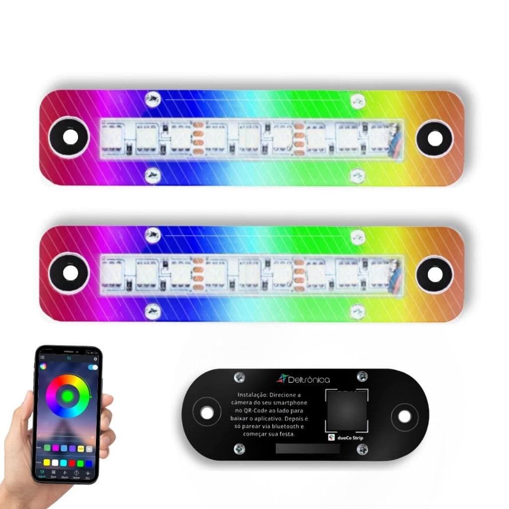 Kit Super Strobo LED Deltrônica Bluetooth RGB 2 Faróis 12V P/ Som Automotivo Carro Festa Tuning Flash