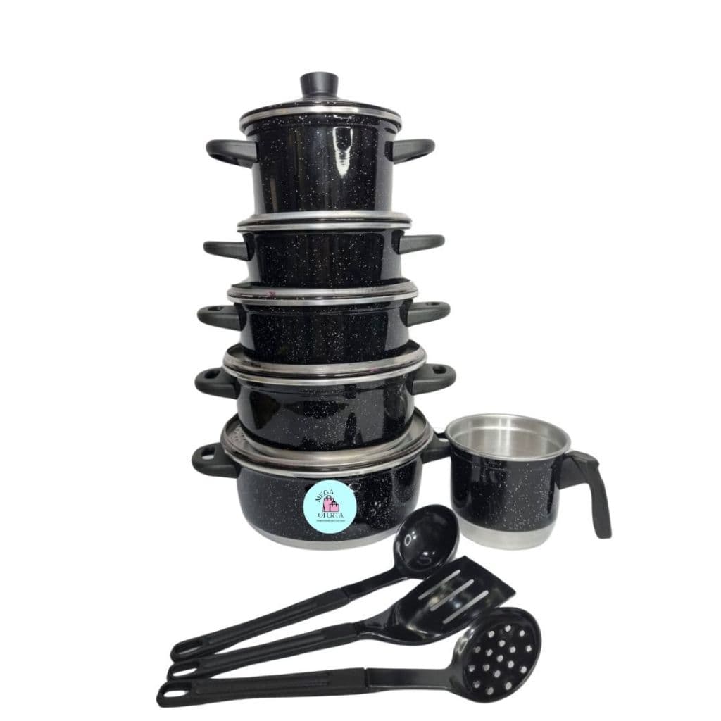 Jogo de Panelas Preto 5 Peças + Fervedor de Leite de Agua N 12 + 3 Espátulas (jogo de panela, conjunto de panelas, Kit de panelas, jogo panela)