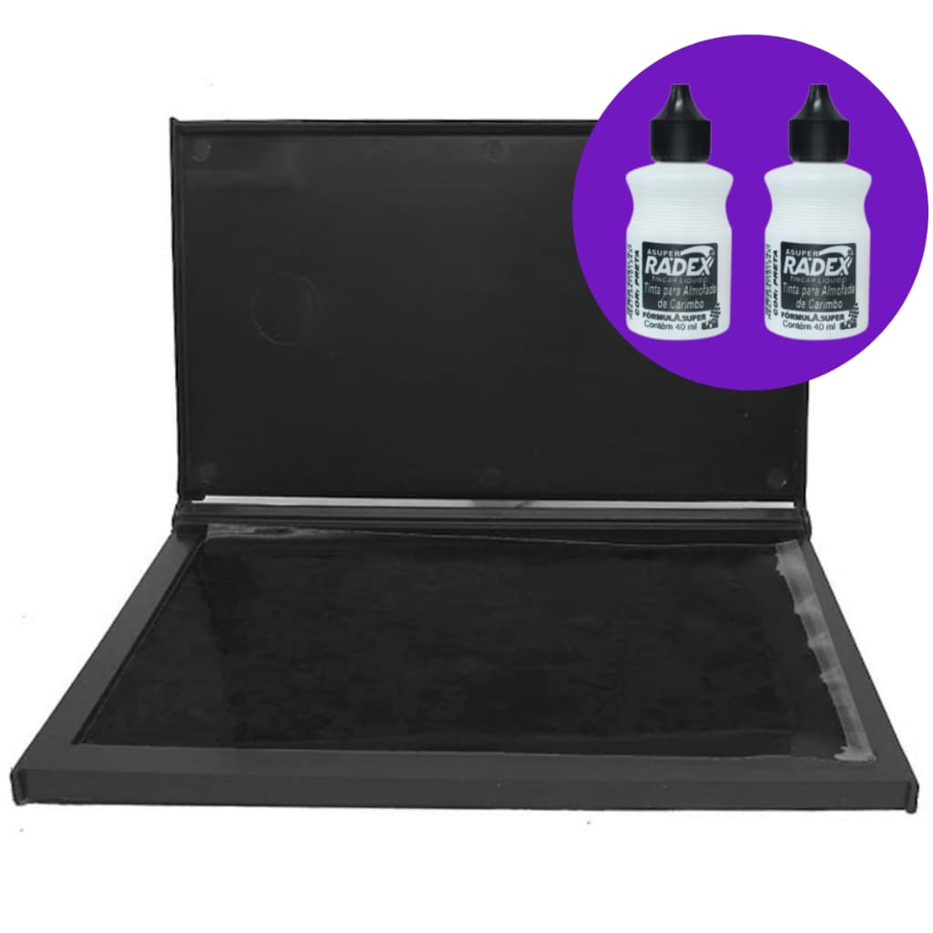 Kit Almofada Carimbo Grande N3 + 2 Refil Tinta Preto Radex Recarregável