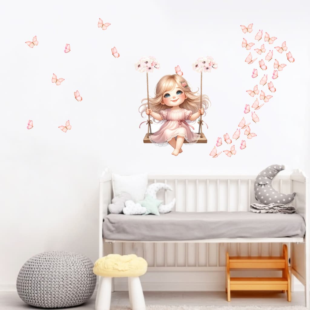 Adesivos parede Infantil Menina no balanço com flores e borboletas efeito aquarela quartinho bebê