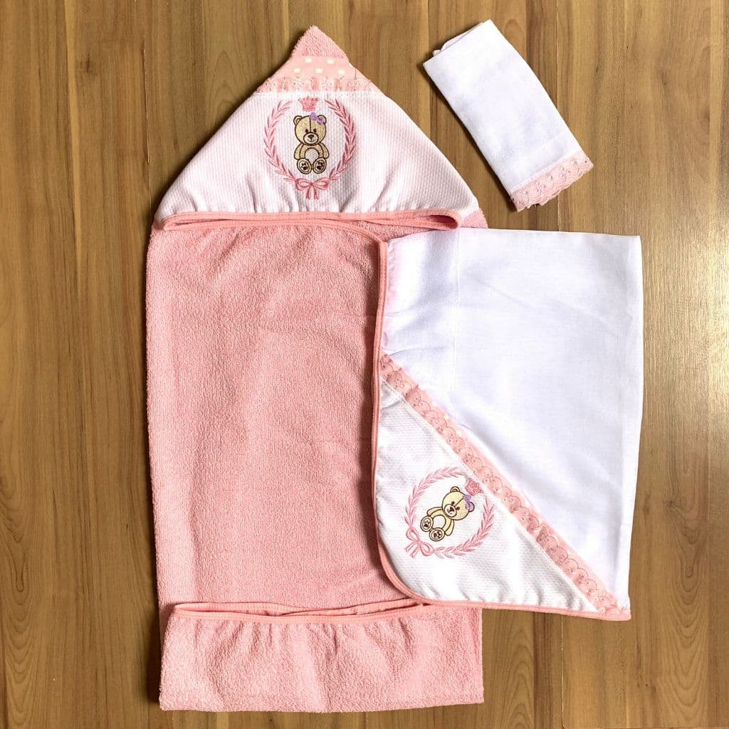Kit 3 Toalha de Banho Bebe Infantil Com Capuz Para Menina + Toalha Fralda de Ombro + Toalhinha Toalha de Boca Menino
