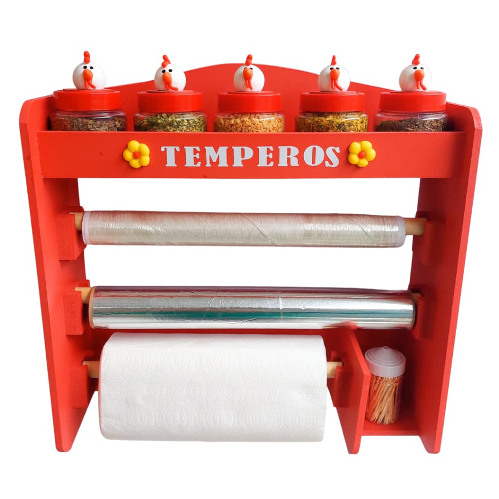 Porta tempero de parede com 5 potes decorados com biscuit galinha