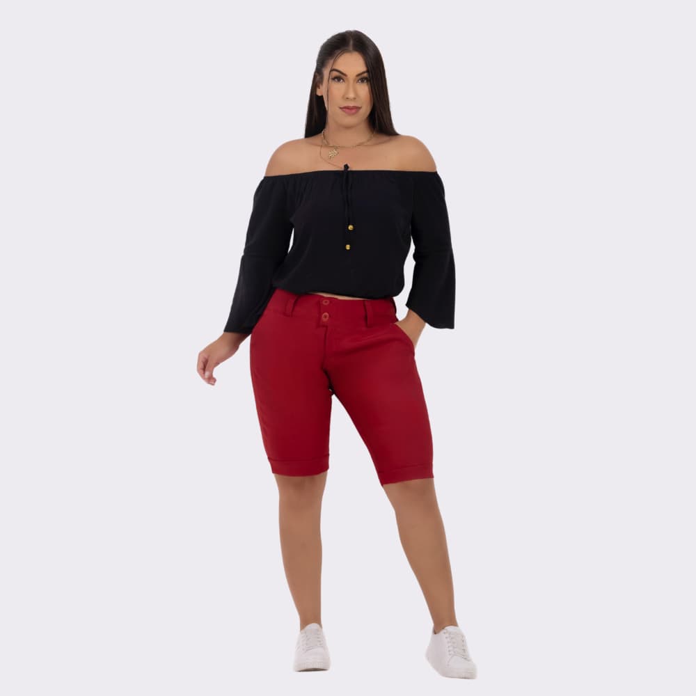 Bermuda Bengaline Feminina Com Bolso Plus Size Cintura alta