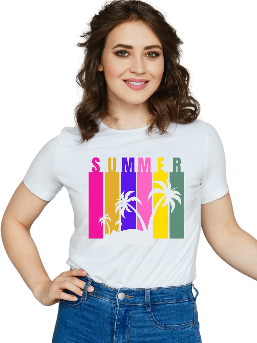Camiseta Feminina Estampada Verão Summer Cores Vivas