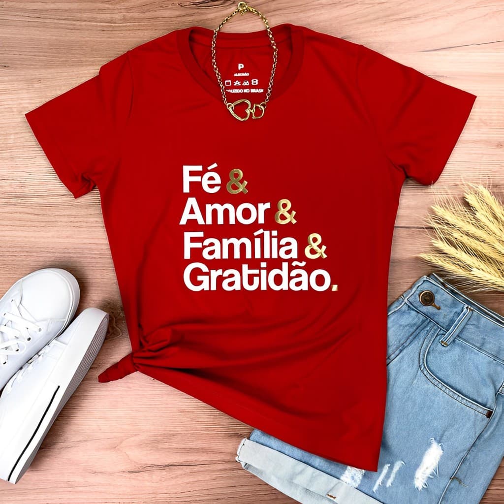 Camiseta Fé & Amor & Família & Gratidão T-shirt Feminina Baby Look Algodão Macio Gospel Estilo e Fé