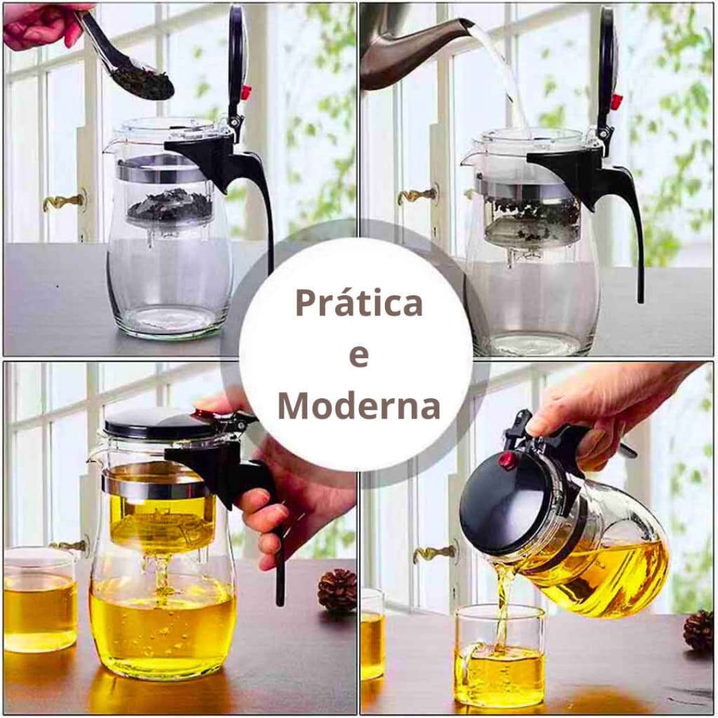 Chaleira Bule Jarra de Vidro 900ML Aço Inox De Chá Com Infusor