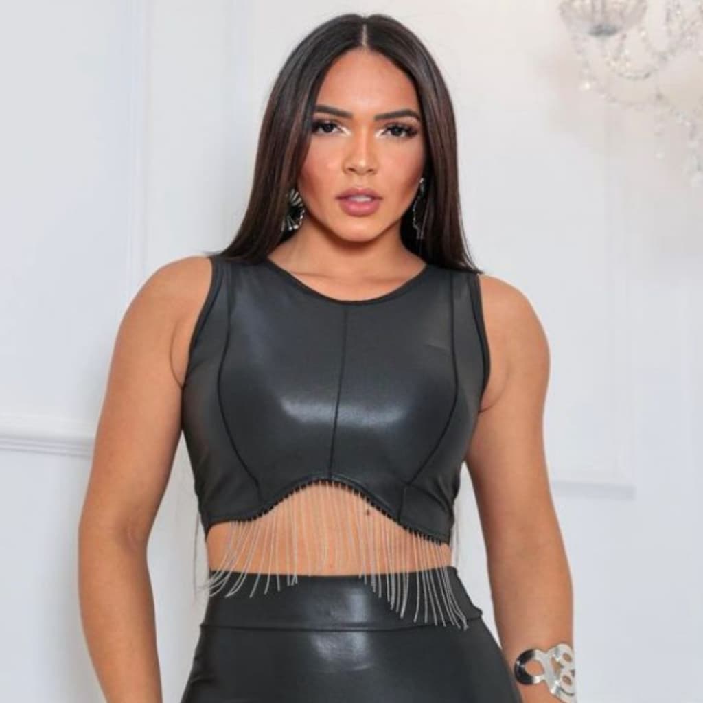 Cropped Franja Strass Tecido Cirre Couro Fake Com Bojo Moda Feminina Casual E Elegante