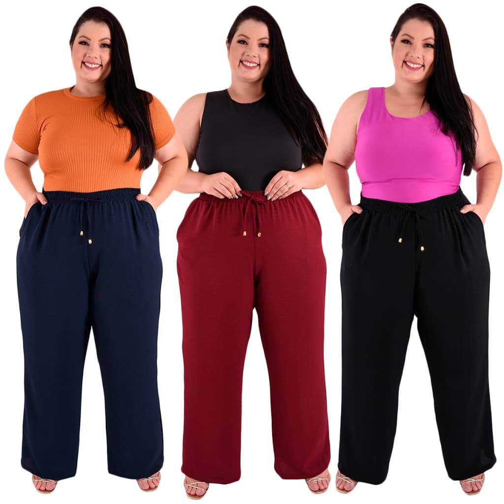 Calça Pantalona Plus SIze Feminina Cintura Alta Dunas Tendencia
