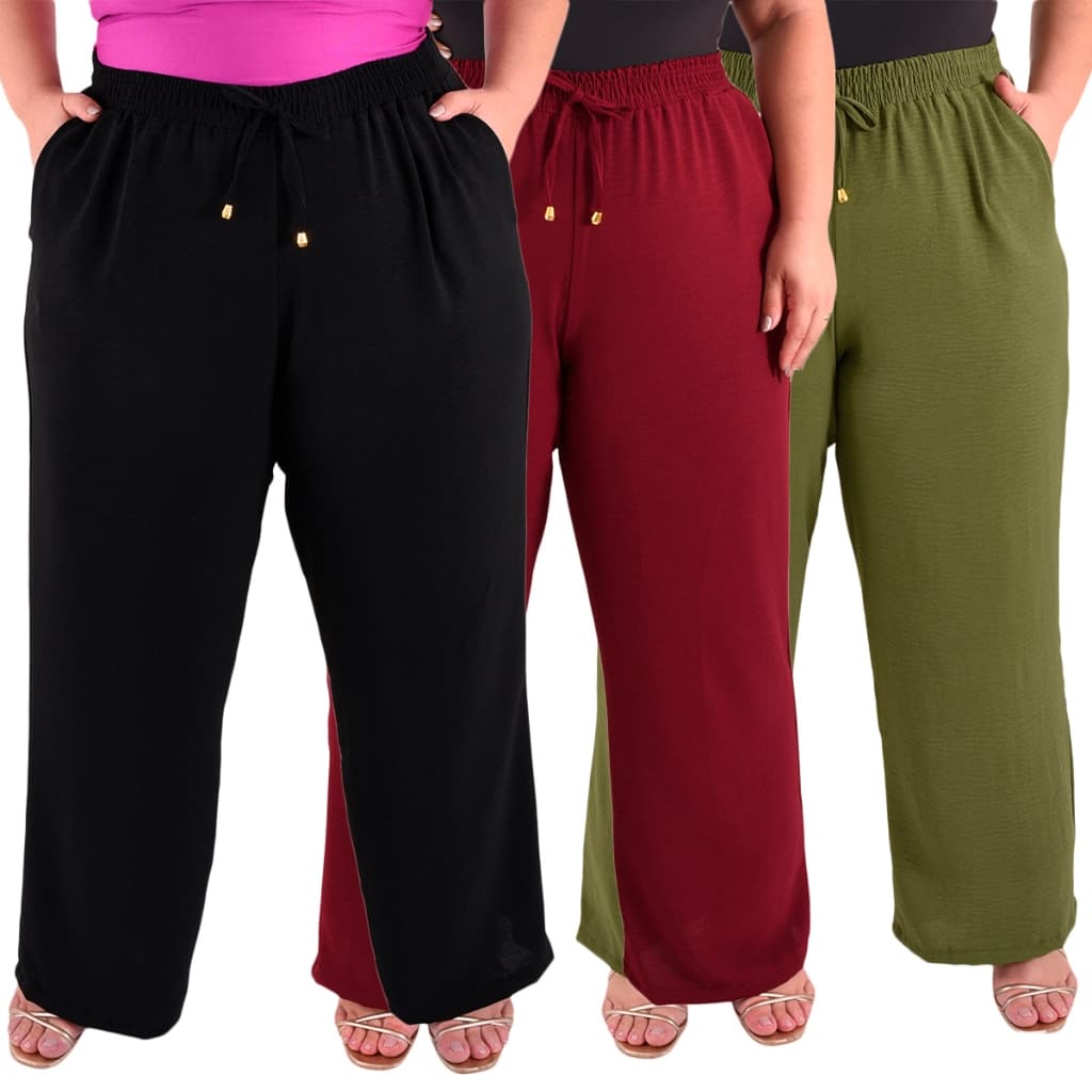 Calça Plus Size Pantalona Feminina Wide Leg Elastico Cós Envio Imediato