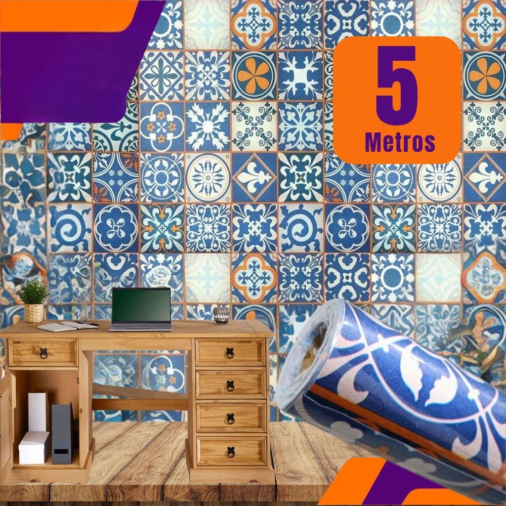Papel de Parede Adesivo Azulejo Português Autocolante Rolo 5m x 45cm Cozinha Banheiro