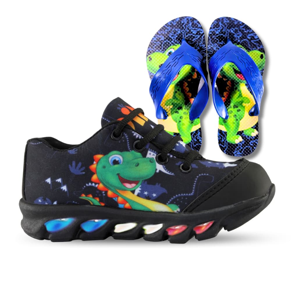 Kit Tênis De Led Infantil Menino Masculino Dinossauro + Chinelo