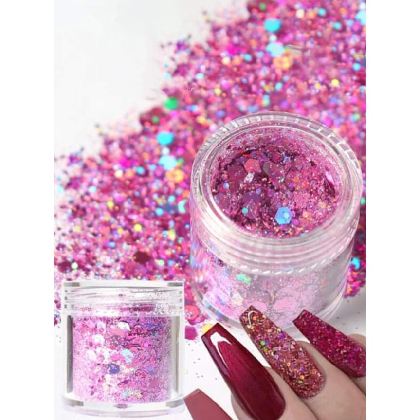 Kit 12un Potinhos Glitter Flocado Com Pó Para Decoração De Unhas