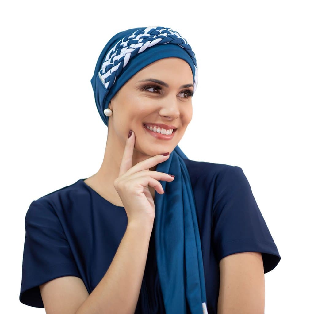 Turbante Azul Petróleo com Tiara de Trança Larga azul petróleo e branco