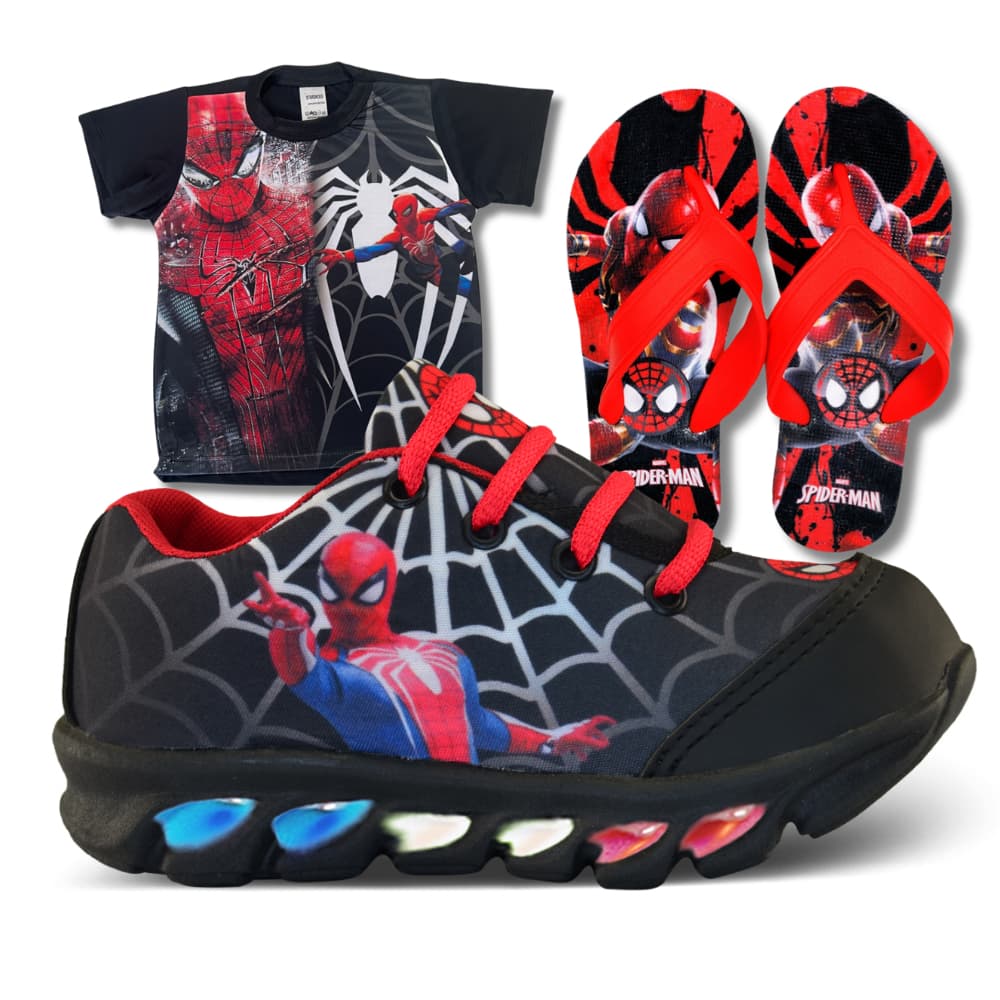 Kit tenis de LED infantil  Aranha masculino mais chinelo mais camisa