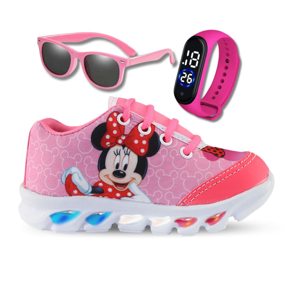 Tenis de LED infantil Minnie Rosa feminino mais relogio e oculos meninas com luzinhas