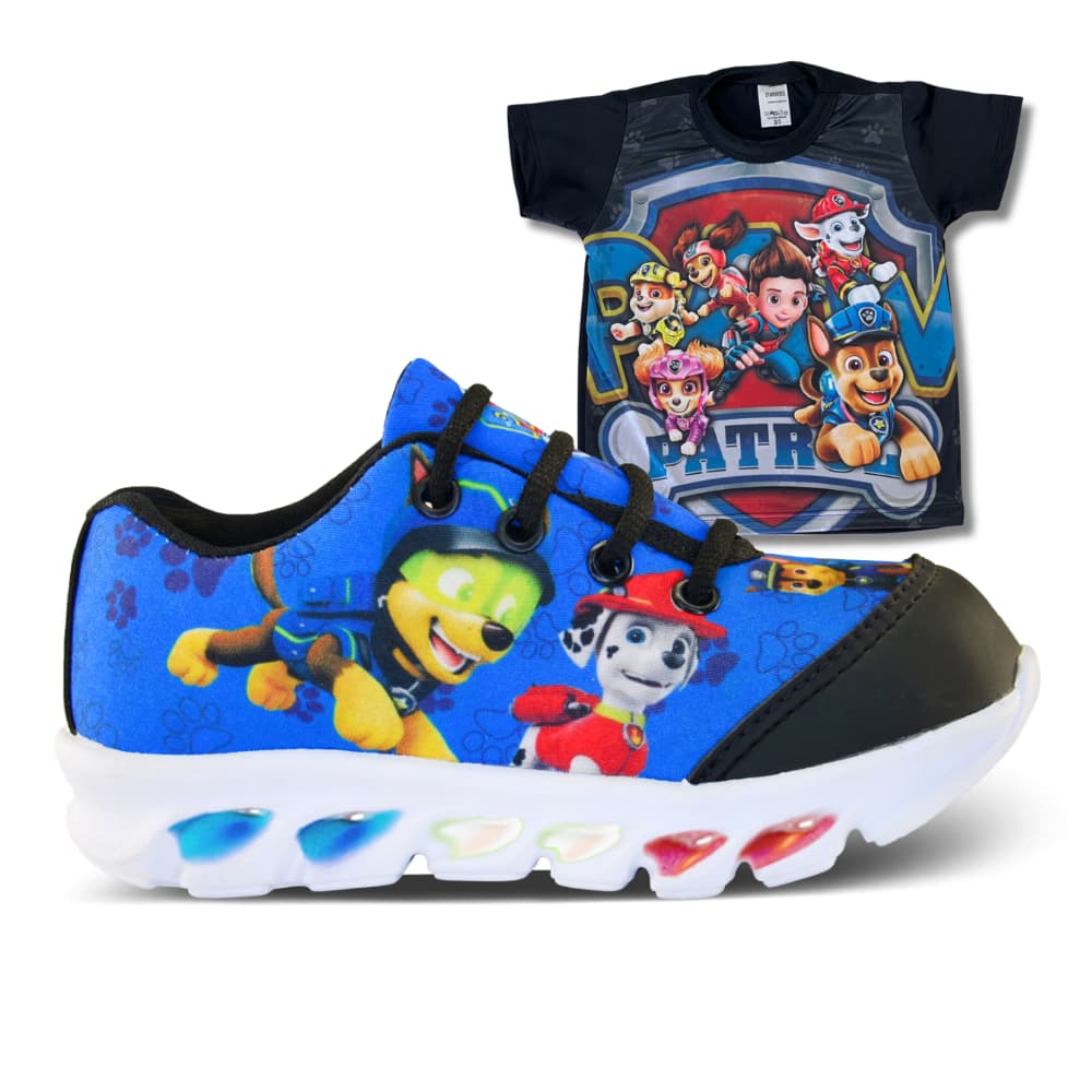 Tenis de LED infantil Patrulha Canina masculino com camisa meninos com luzinha