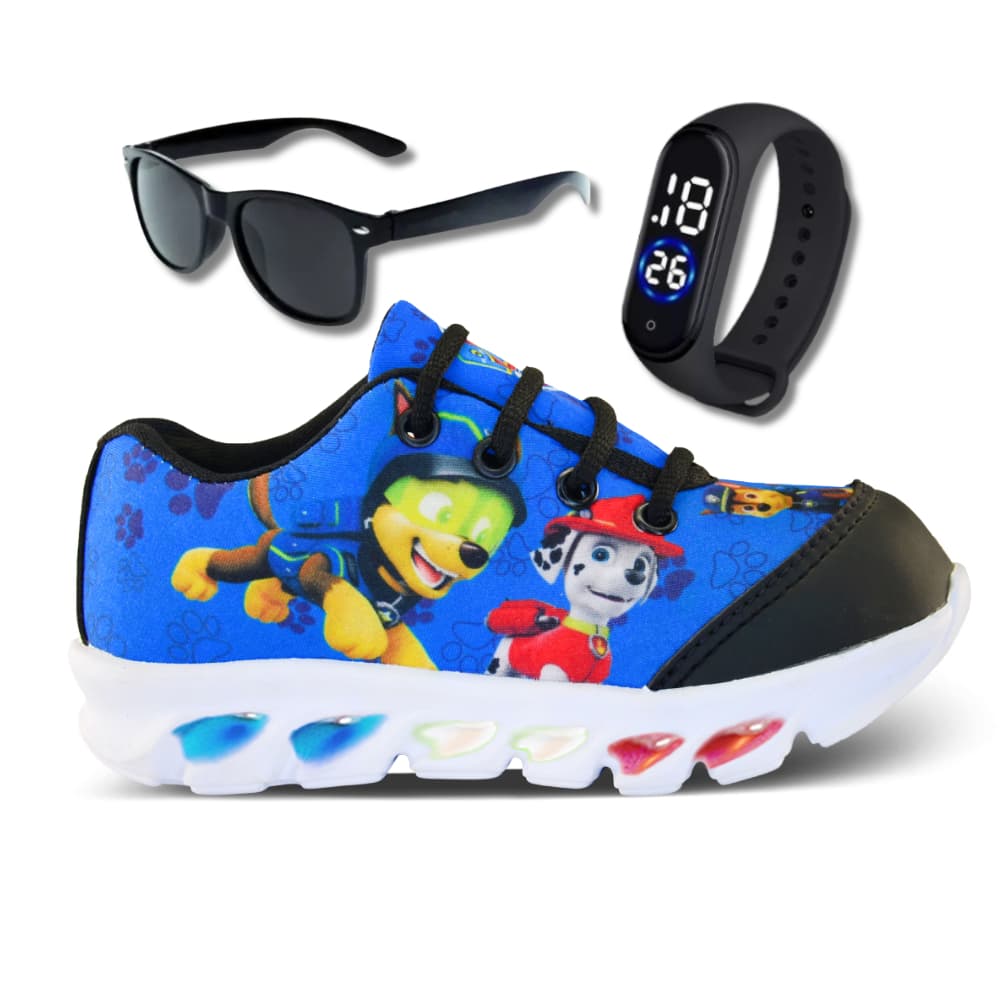Tenis de LED infantil Patrulha Canina masculino mais relogio e oculos meninos com luzinhas