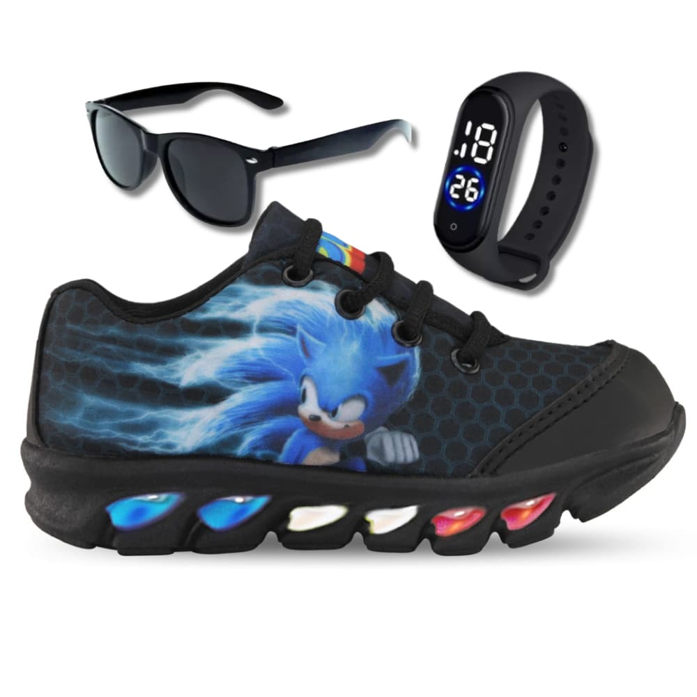 Tenis de LED infantil Sonic masculino mais relogio e oculos meninos com luzinhas