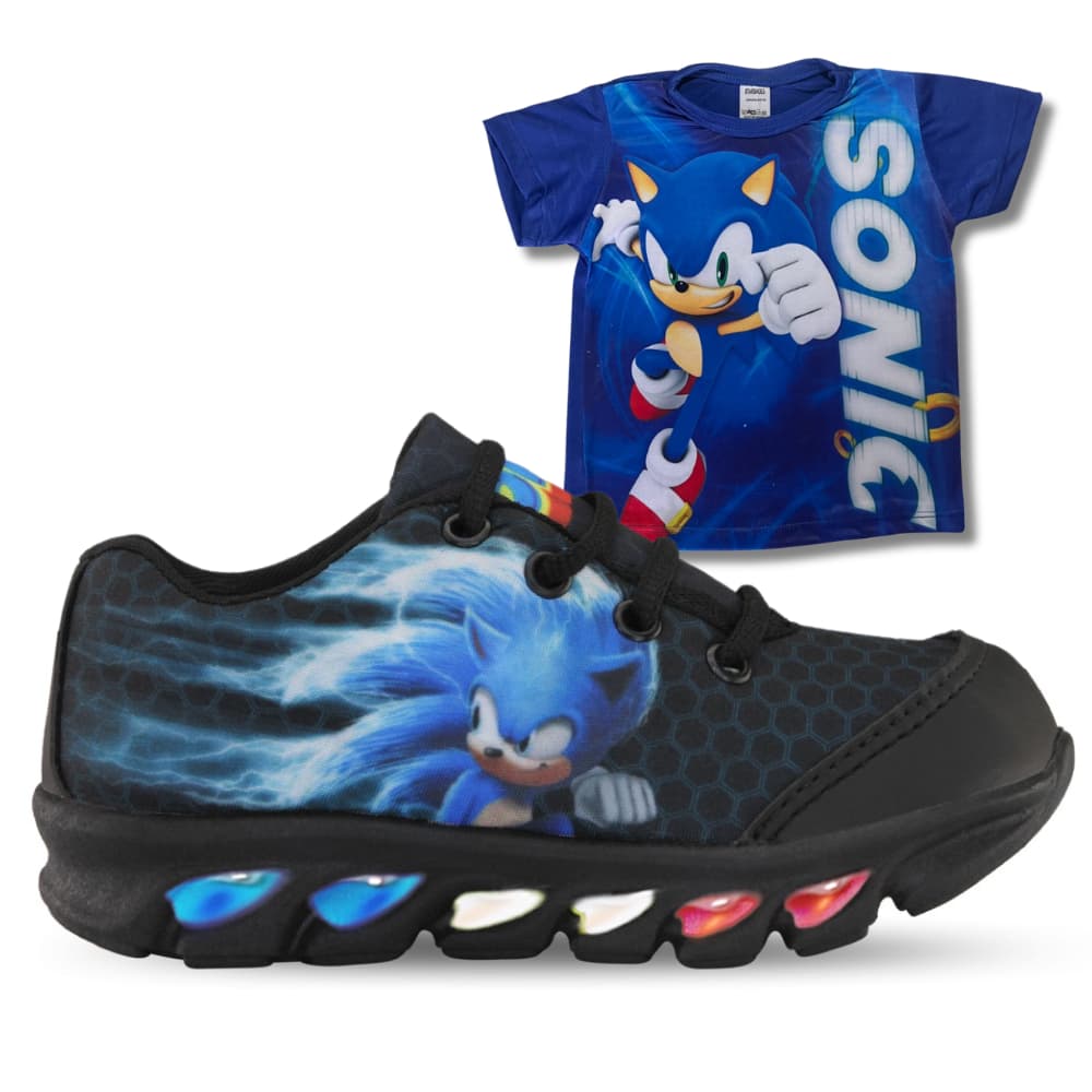 Tenis de LED infantil Sonic masculino mais camisa meninos com luzinhas