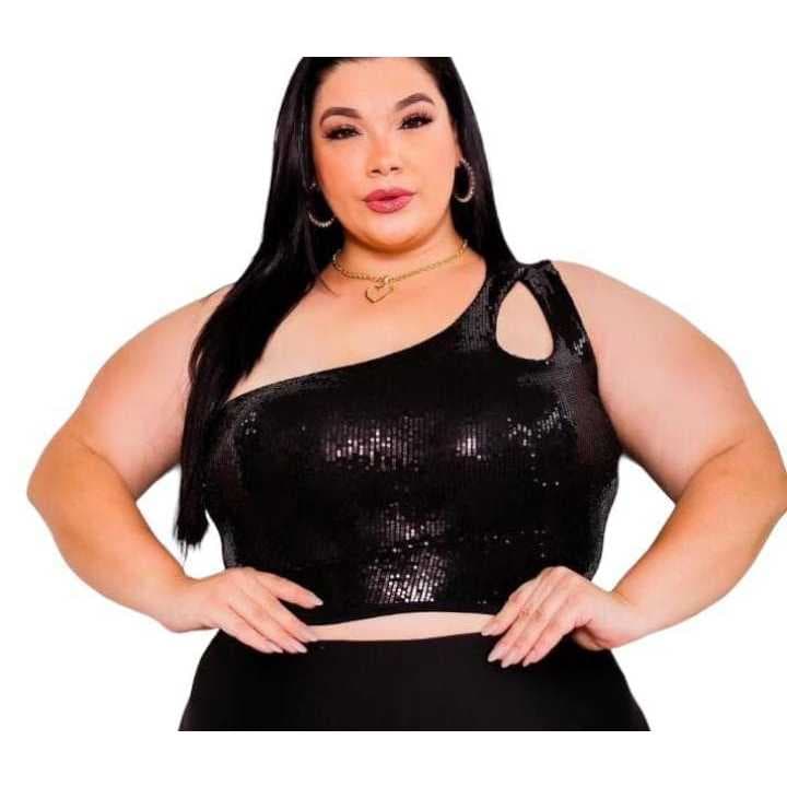 Blusa Cropped Plus Size Mula Manca Regata Brilho Paetê Gringa Detalhe Na Frente Moda